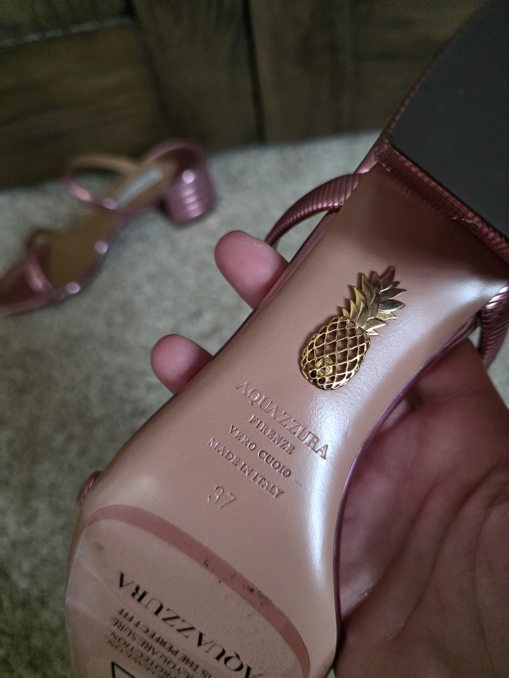 Aquazzura Riviera Metallic Rose Pink Strappy Block Heel Sandals - Picture 5 of 5